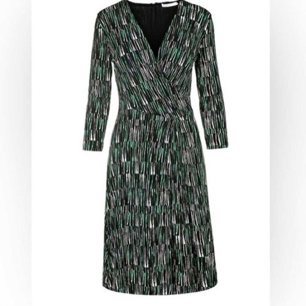 Hugo Boss Black White Green Emerald Surplice Neckline Viscose Dress Size Xs